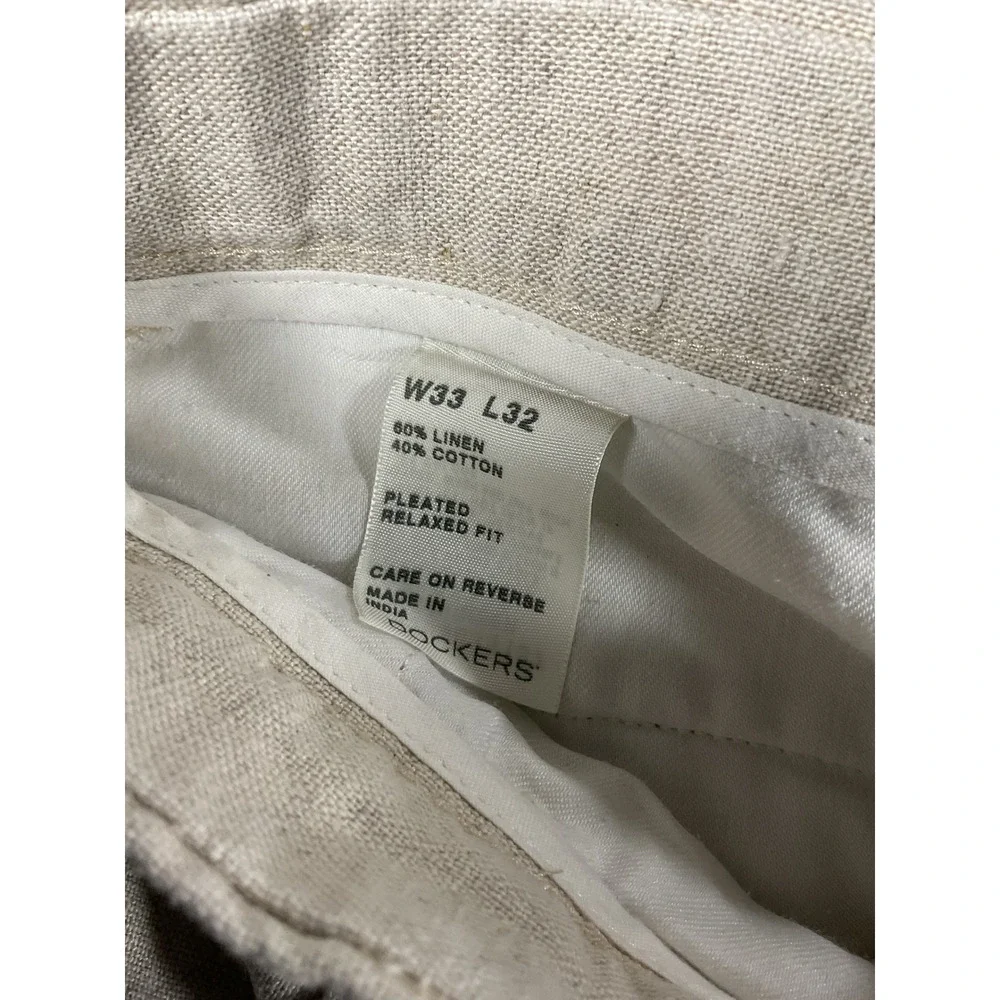 Dockers Premium Mens 33x32 Linen Cotton Pleated Relaxed Fit Cuffed Pants 1482